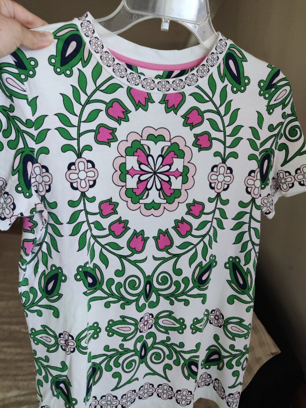 EUC Tory Burch Cotton T Shirt Green/Pink Floral Print SZ-S